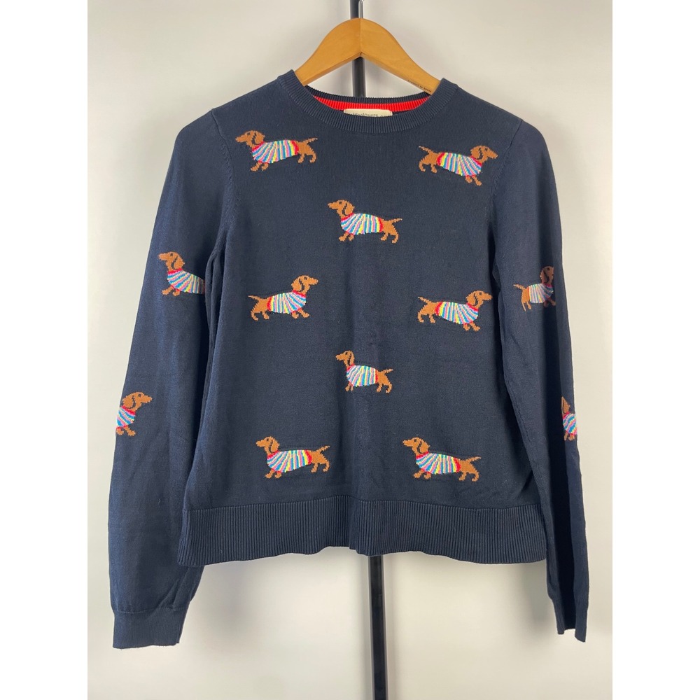 WoolOvers Womens Navy Blue Dachshund Dog Intarsia Button Back Sweater Size S
